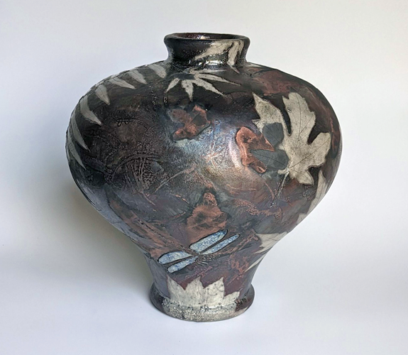 "Dragonfly, Leafprints, & Fern" Raku Vase - Dave & Boni Deal